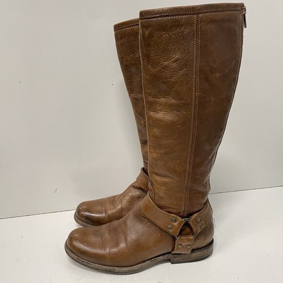 Frye Womens Phillip Riding Boots Size 7 Tall Cognac Soft Vintage Leather Harness - Picture 1 of 13